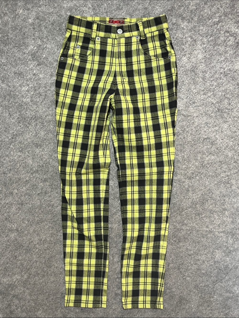 Y2K Women’s High Waisted Lime Green and Black Plaid Slim Pants